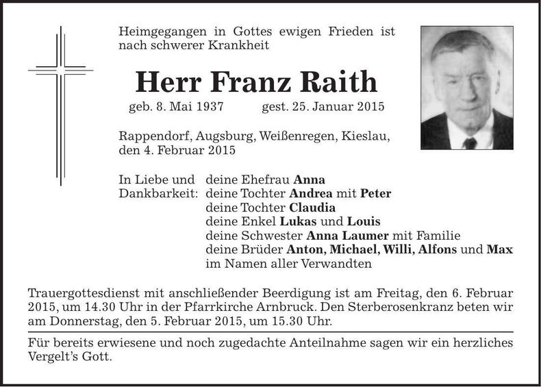 Traueranzeige Franz Raith