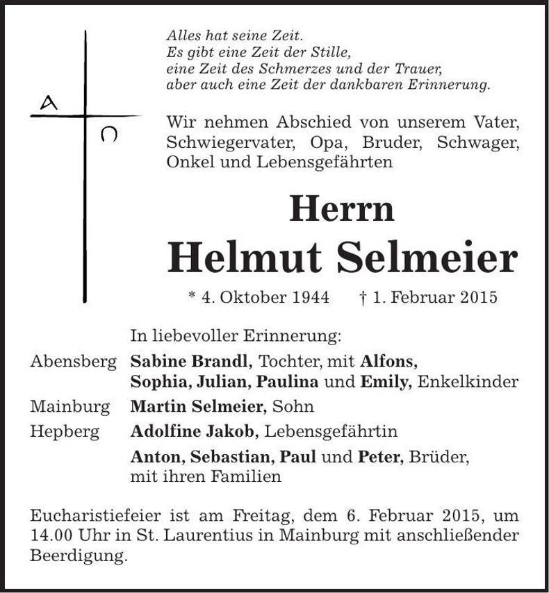 Traueranzeige Helmut Selmeier