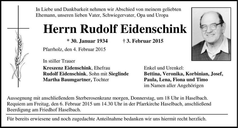 Traueranzeige Rudolf Eidenschink