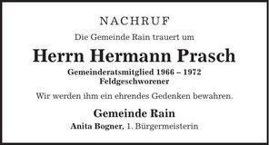 Traueranzeige Hermann Prasch