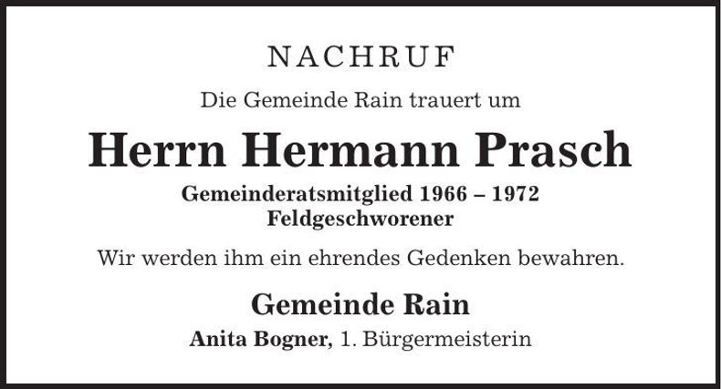 Traueranzeige Hermann Prasch