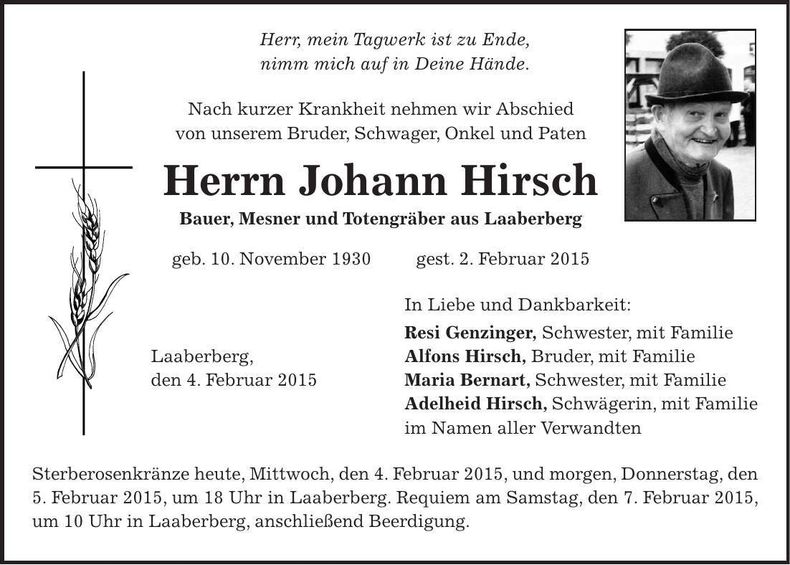 Traueranzeige Johann Hirsch