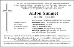 Traueranzeige Anton Simmet