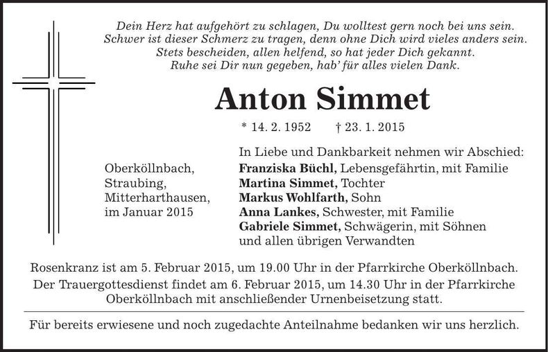 Traueranzeige Anton Simmet