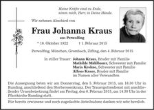 Traueranzeige Johanna Kraus