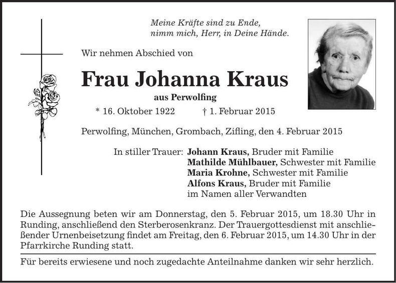 Traueranzeige Johanna Kraus