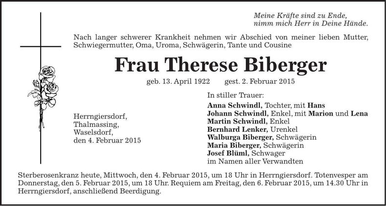 Traueranzeige Therese Biberger