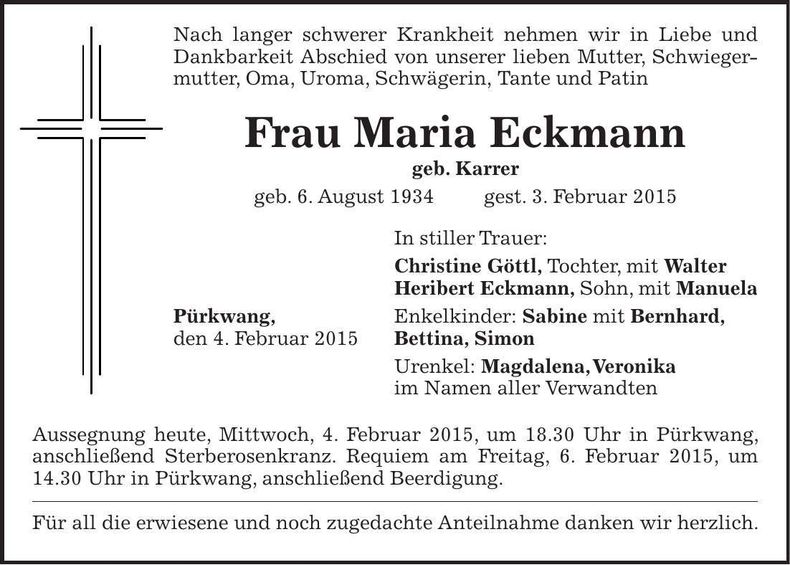 Traueranzeige Maria Eckmann