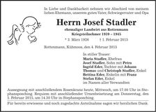 Traueranzeige Josef Stadler