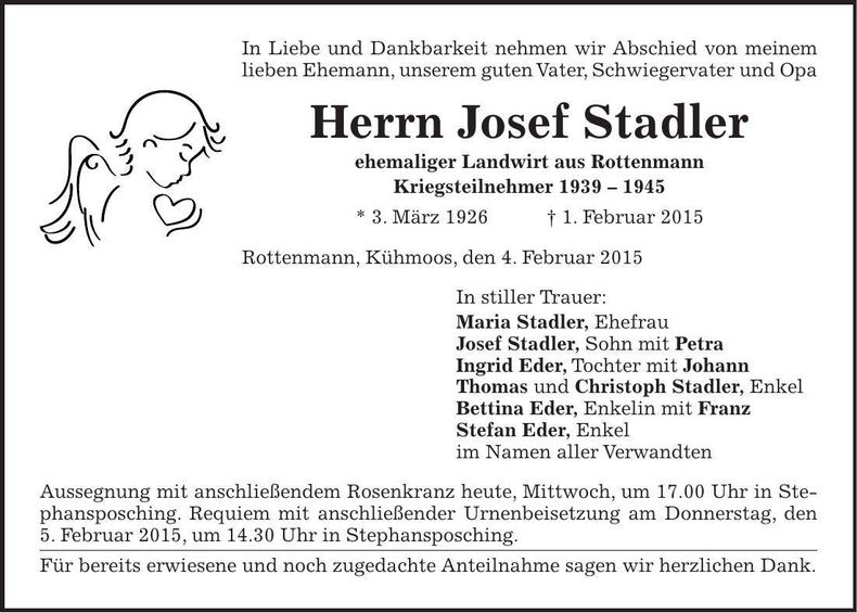 Traueranzeige Josef Stadler