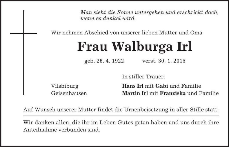 Traueranzeige Walburga Irl