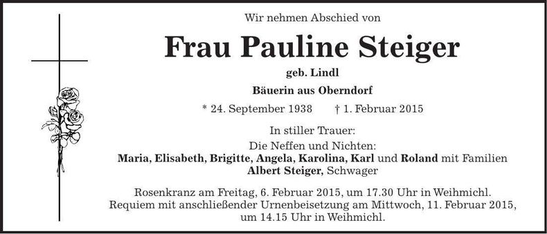 Traueranzeige Pauline Steiger