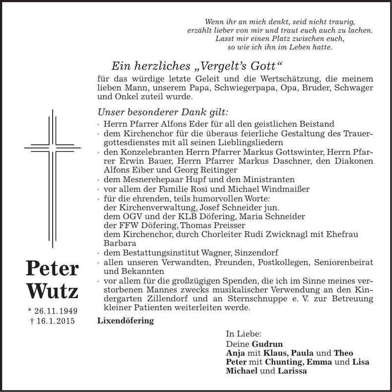 Traueranzeige Peter Wutz