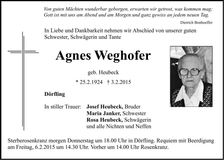 Traueranzeige Agnes Weghofer
