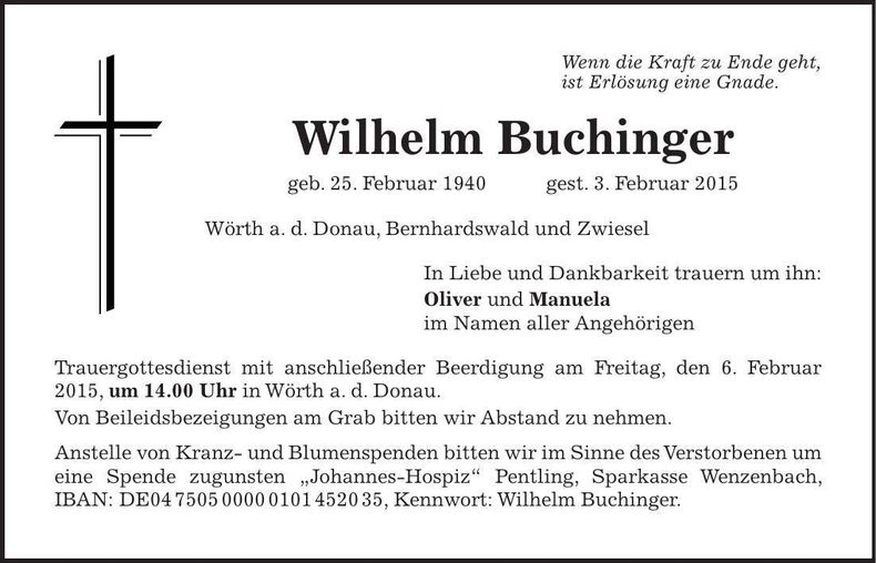 Traueranzeige Wilhelm Buchinger
