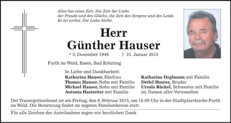 Traueranzeige Günther Hauser