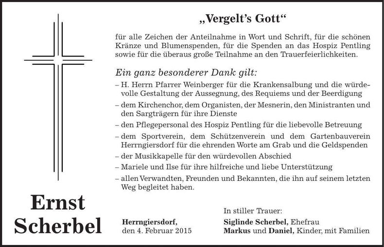 Traueranzeige Ernst Scherbel