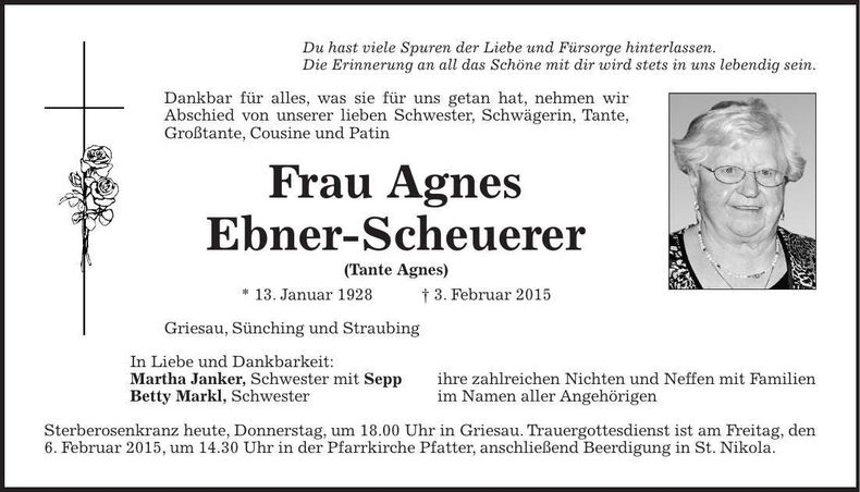 Traueranzeige Agnes Ebner-Scheuerer