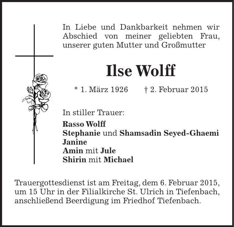 Traueranzeige Ilse Wolff