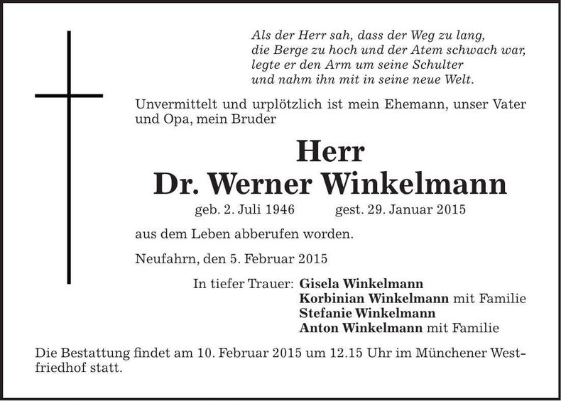 Traueranzeige Werner Dr. Winkelmann