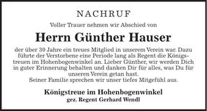 Traueranzeige Günther Hauser