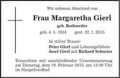 Traueranzeige Margaretha Gierl