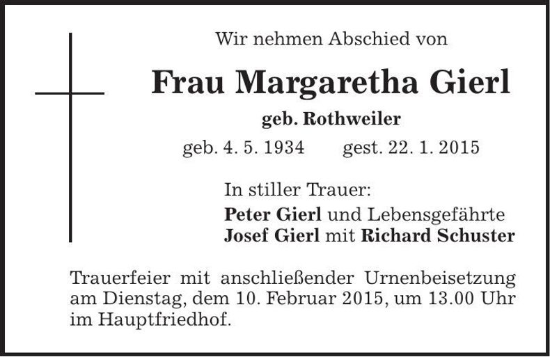 Traueranzeige Margaretha Gierl