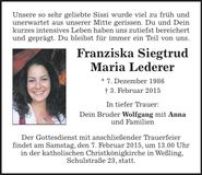 Traueranzeige Franziska Siegtrud Maria Lederer