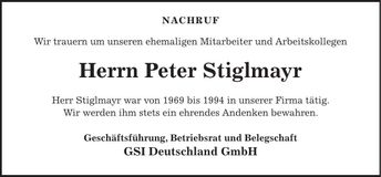 Traueranzeige Peter Stiglmayr