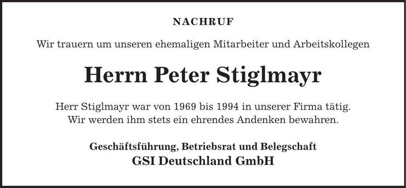 Traueranzeige Peter Stiglmayr
