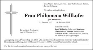 Traueranzeige Philomena Willkofer