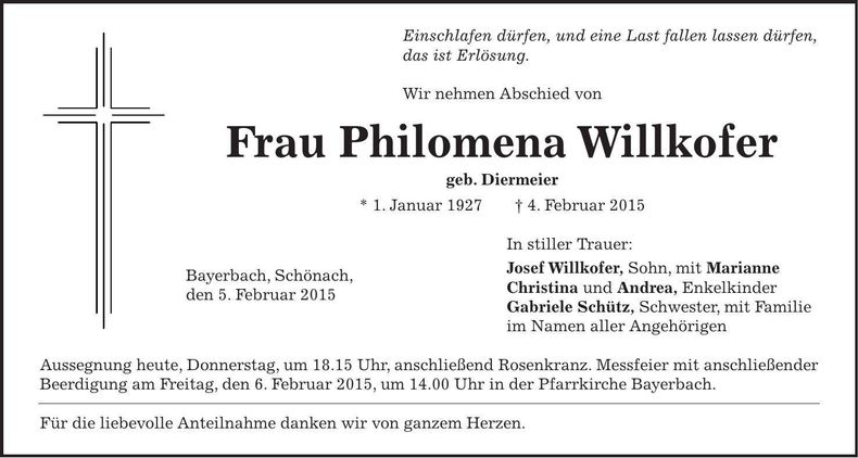 Traueranzeige Philomena Willkofer