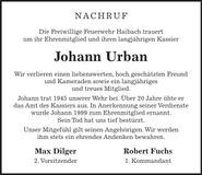 Traueranzeige Johann Urban