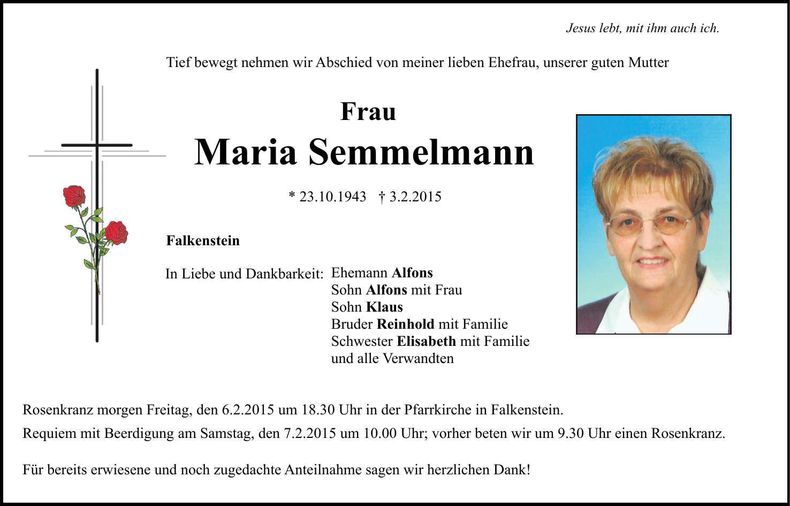 Traueranzeige Maria Semmelmann