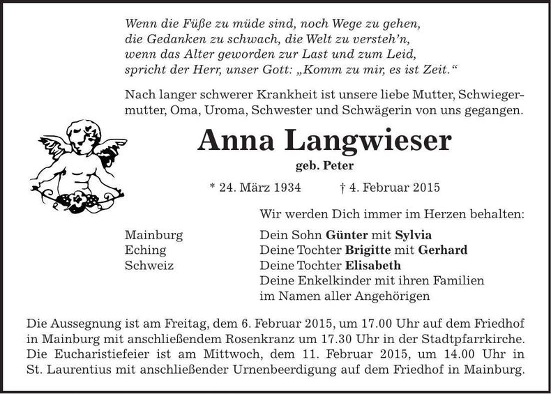 Traueranzeige Anna Langwieser