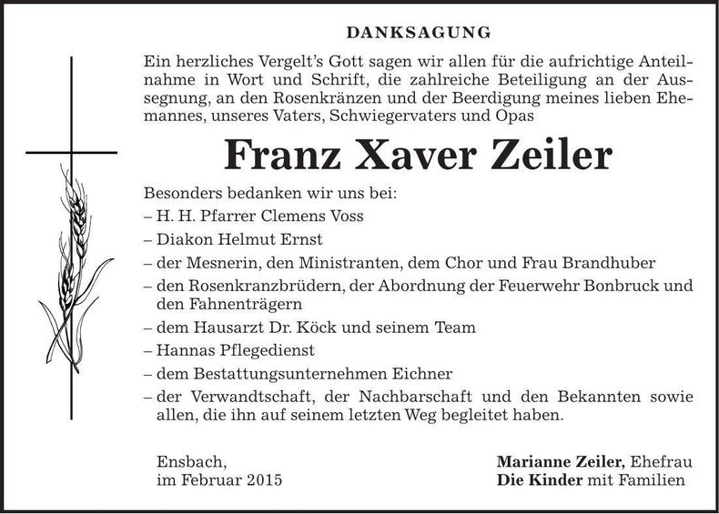 Traueranzeige Franz Xaver Zeiler