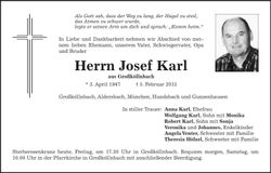 Traueranzeige Josef Karl