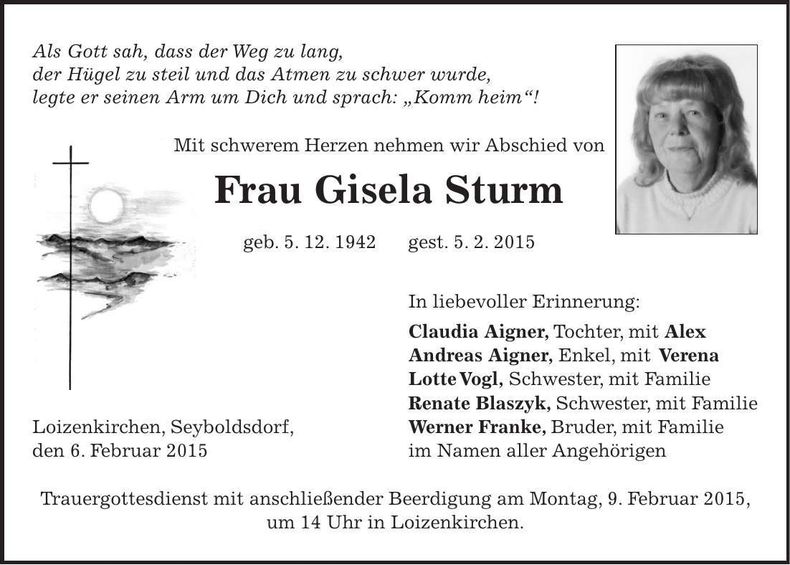 Traueranzeige Gisela Sturm