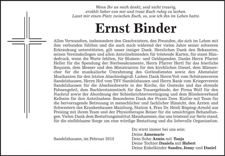 Traueranzeige Ernst Binder