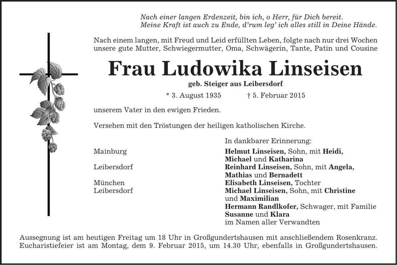 Traueranzeige Ludowika Linseisen
