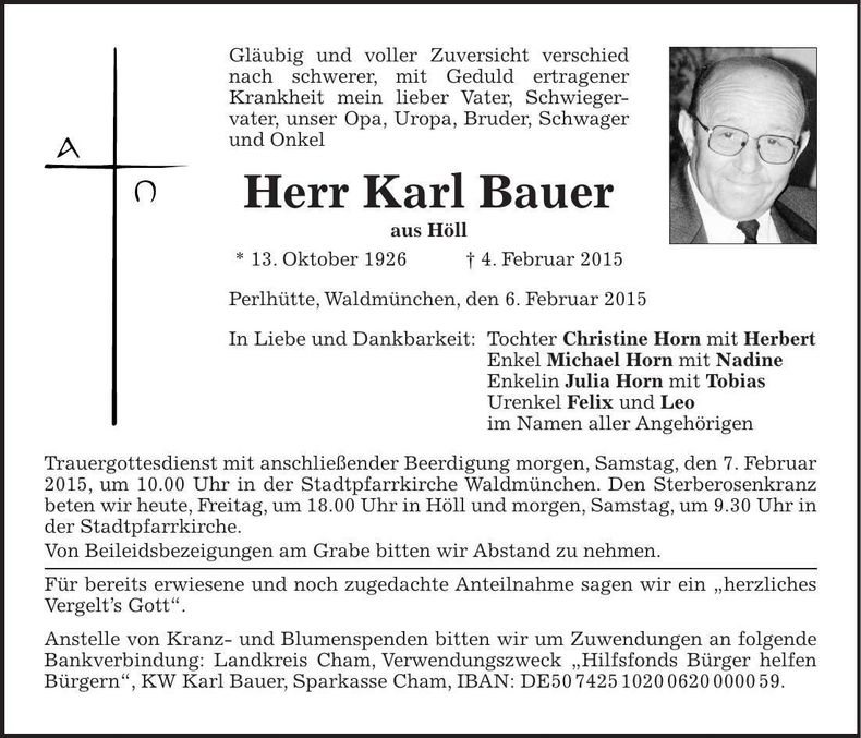 Traueranzeige Karl Bauer