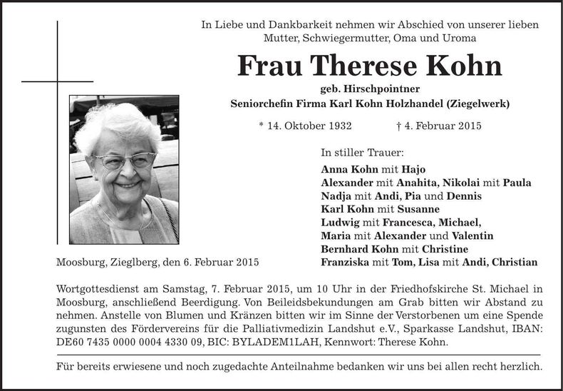 Traueranzeige Therese Kohn