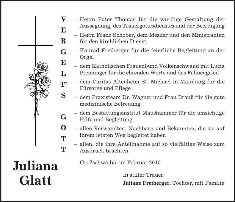 Traueranzeige Juliana Glatt