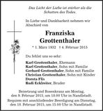 Traueranzeige Franziska Grottenthaler