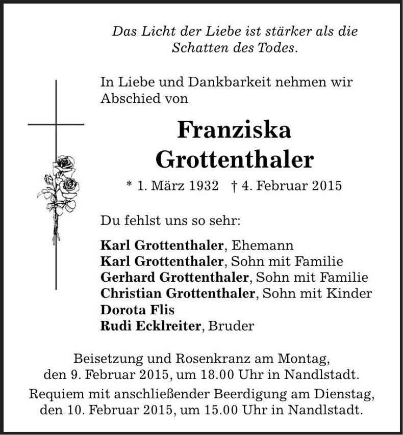 Traueranzeige Franziska Grottenthaler