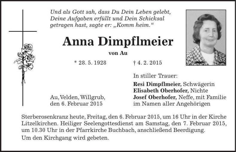 Traueranzeige Anna Dimpflmeier