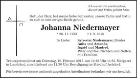 Traueranzeige Johanna Niedermayer