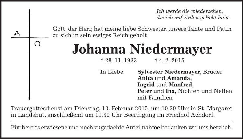 Traueranzeige Johanna Niedermayer