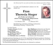 Traueranzeige Theresia Steger