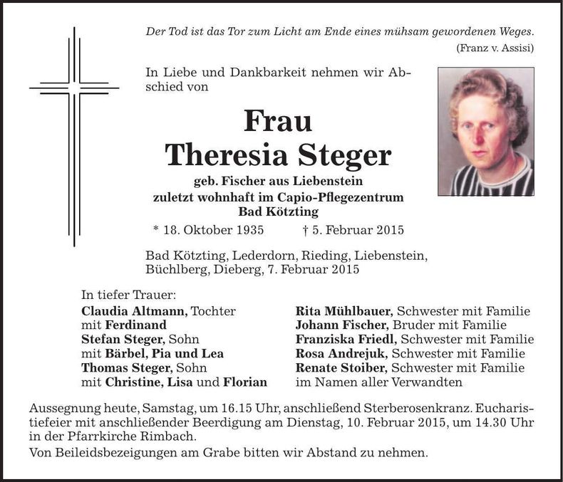 Traueranzeige Theresia Steger